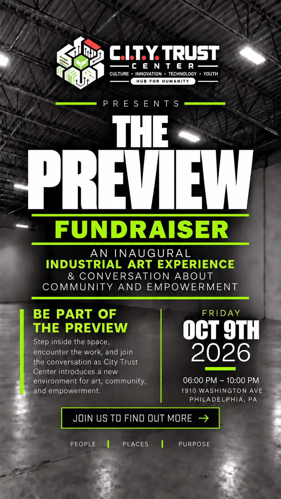 The Preview Fundraiser flyer: an inaugural industrial art experience and conversation about community and empowerment. Friday, October 9, 2026, 6 to 10 PM, 1910 Washington Ave, Philadelphia.